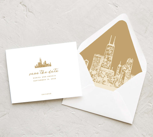 Chicago Skyline Save the Date Card and Envelope