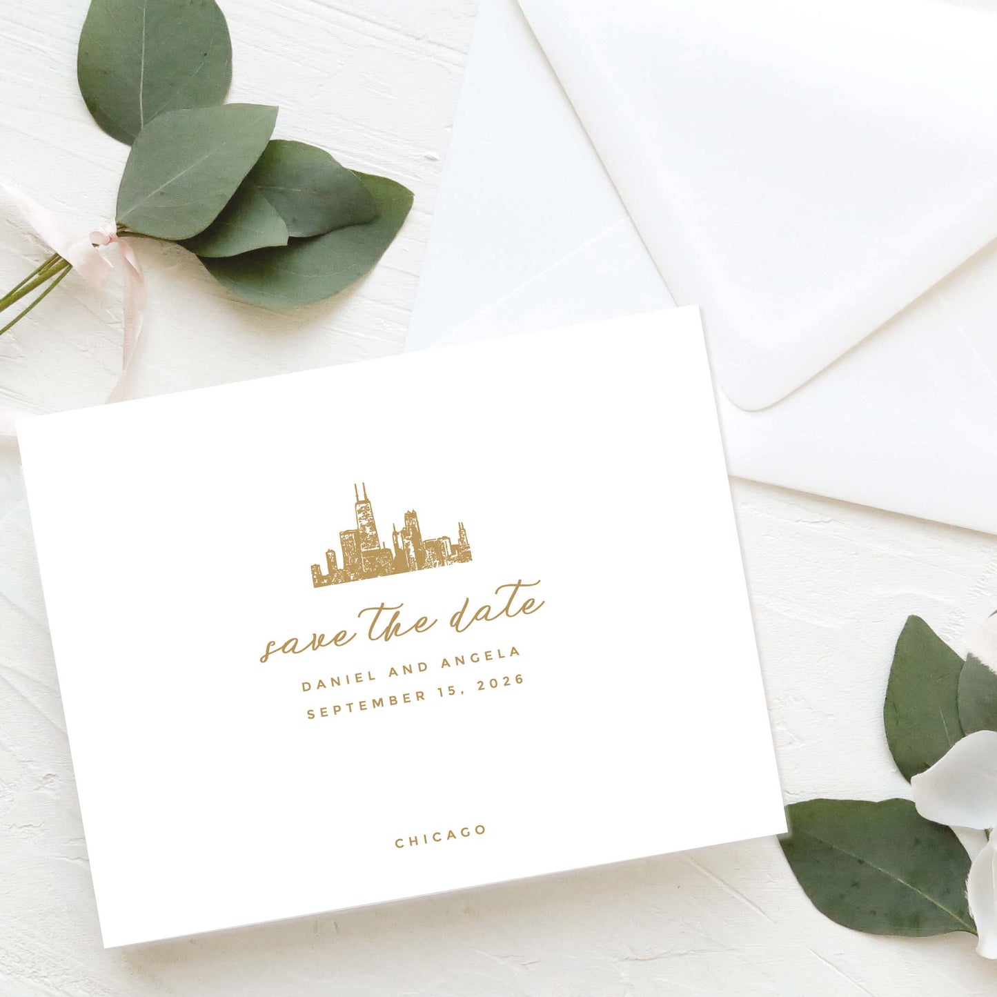 Chicago Skyline Save the Date Card and Envelope