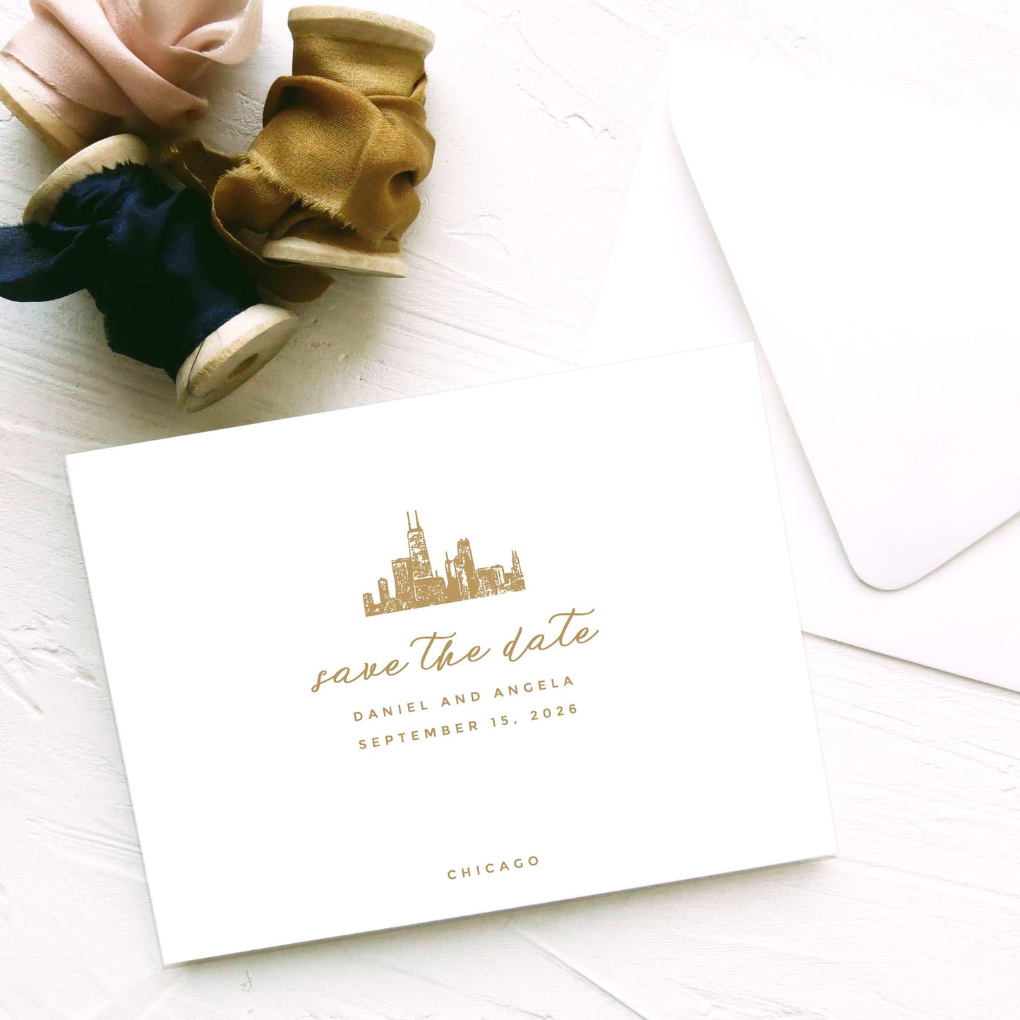 Chicago Skyline Save the Date Card and Envelope