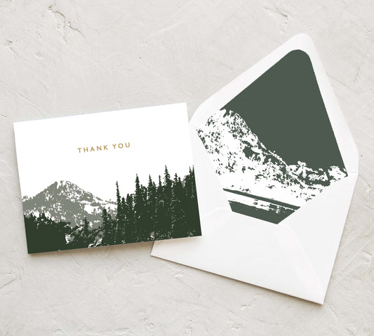 Mountain Thank You Cards (Set of 10) - Hunter Green and Gold