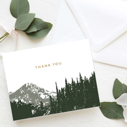 Mountain Thank You Cards (Set of 10) - Hunter Green and Gold